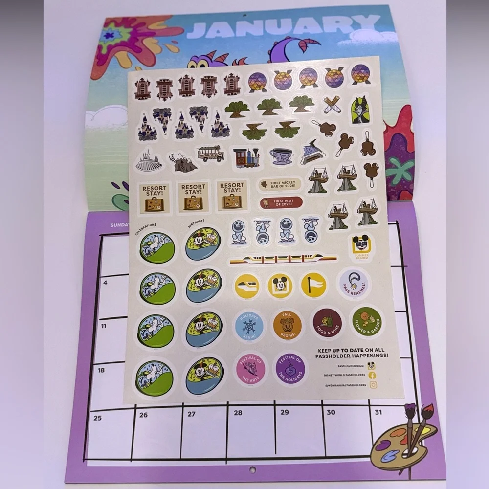 Disney 2026 Passholder Calendar with Mickey Mouse and Blue Sky